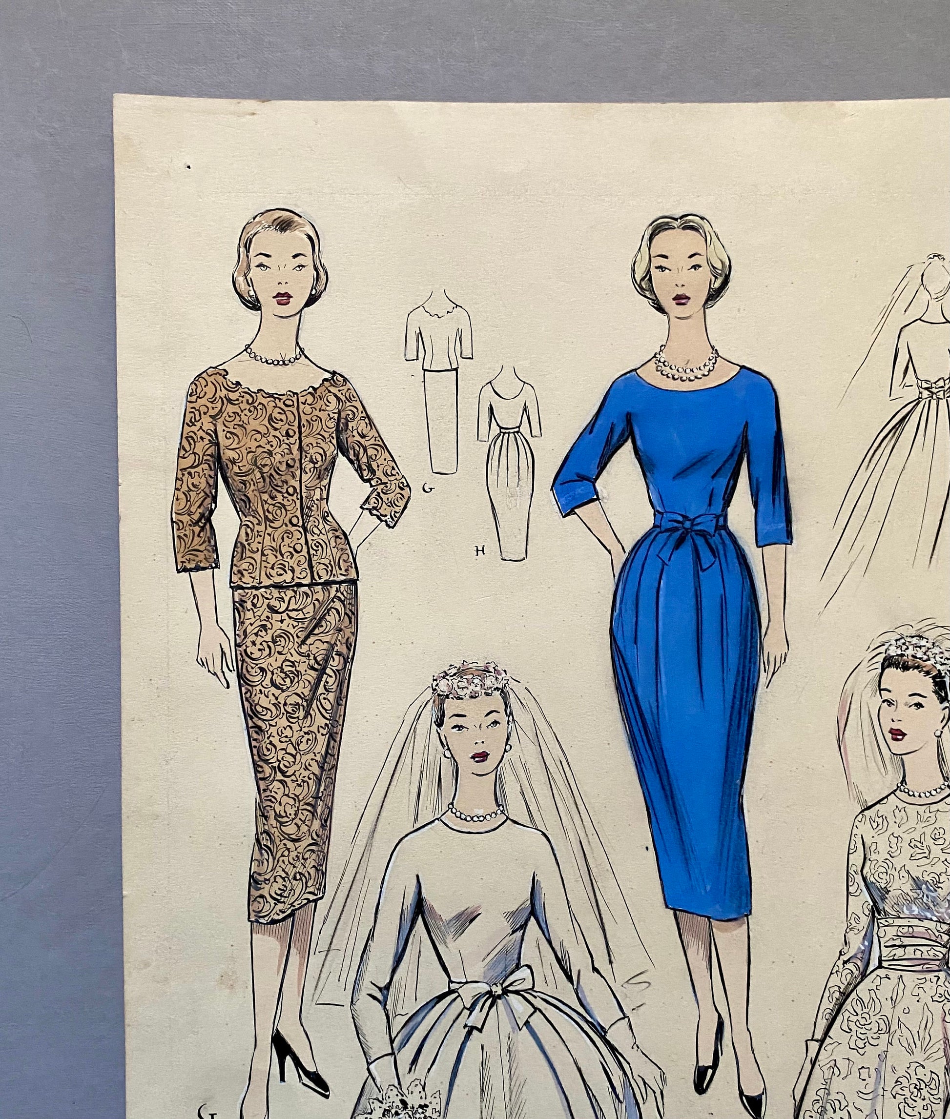 A Large Hand Drawn and Hand Painted Fashion Illustration. Spanish. Barcelona. 1957 - 58. Size: 52 x 41 cms.