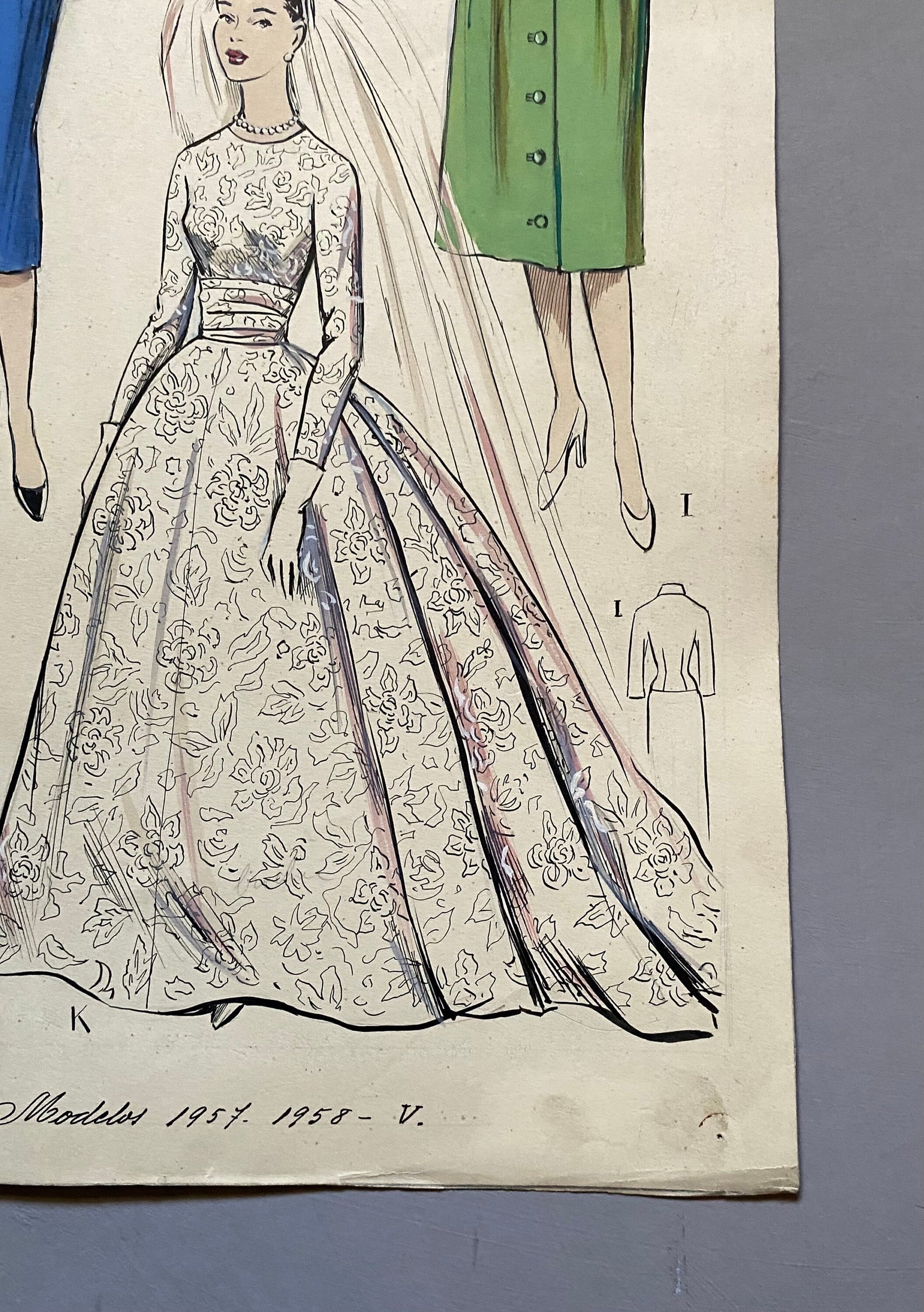 A Large Hand Drawn and Hand Painted Fashion Illustration. Spanish. Barcelona. 1957 - 58. Size: 52 x 41 cms.