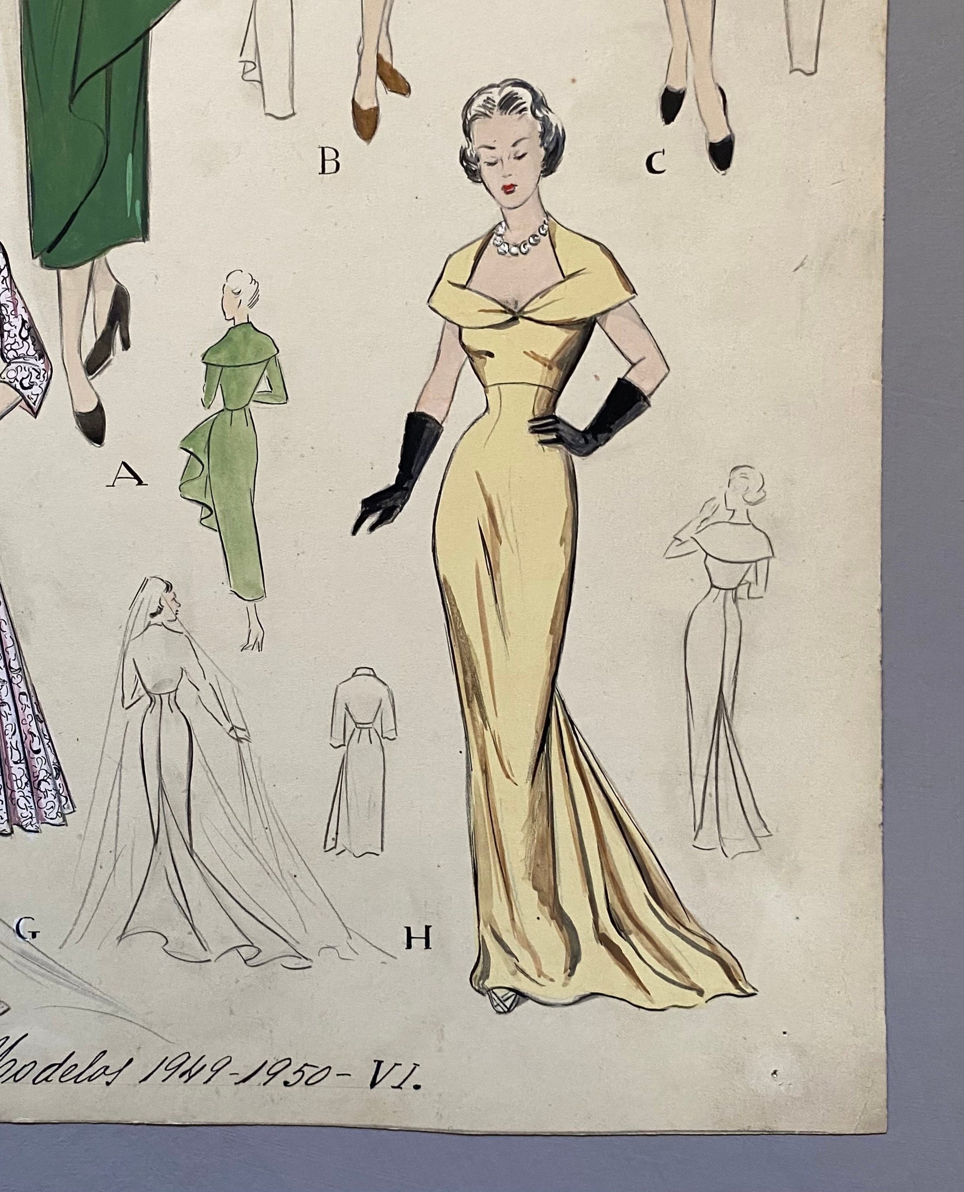 A Large Hand Drawn and Hand Painted Fashion Illustration. From Barcelona, Spain. 1949 - 1950. Size: 51 x 38 cms.