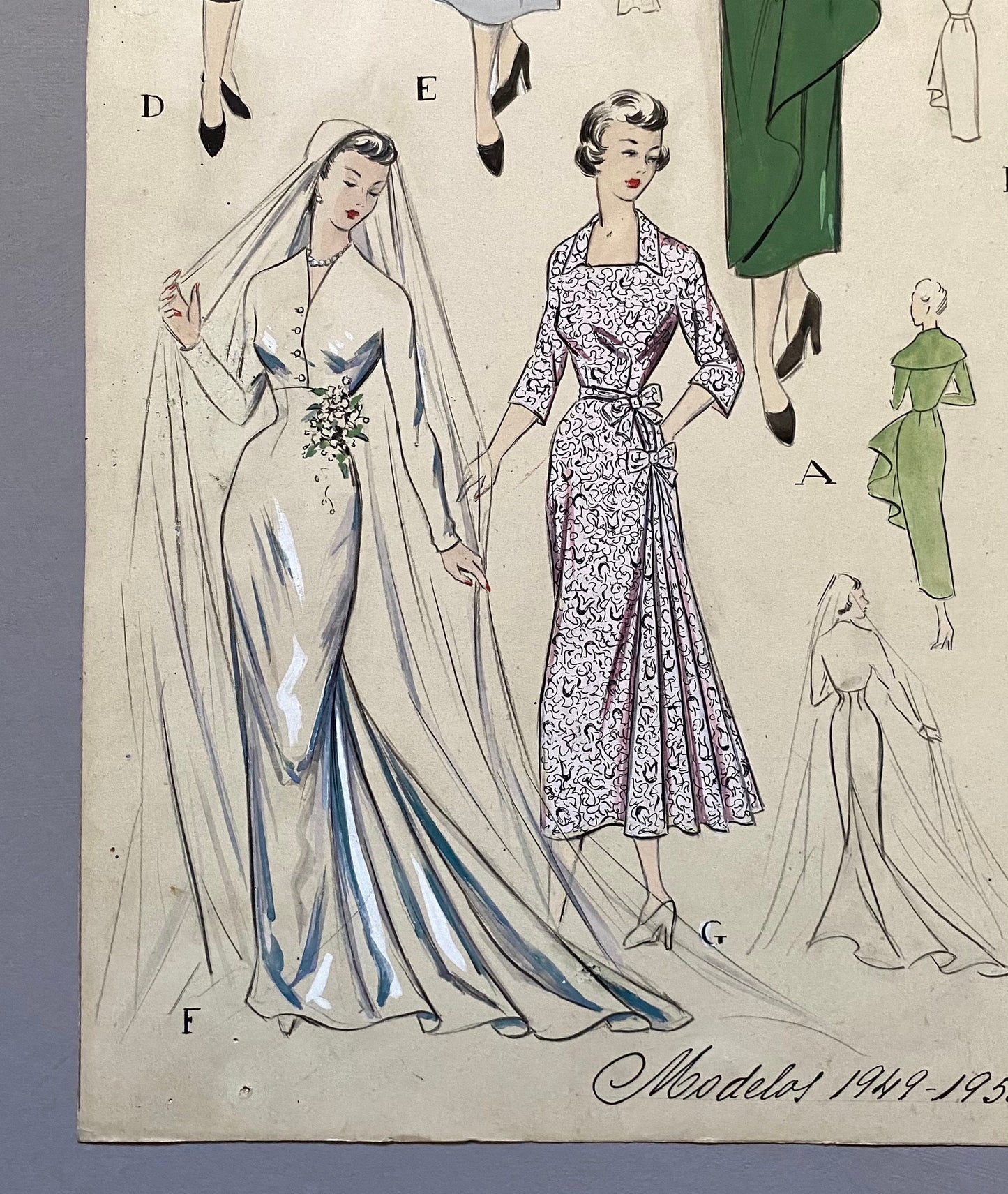 A Large Hand Drawn and Hand Painted Fashion Illustration. From Barcelona, Spain. 1949 - 1950. Size: 51 x 38 cms.