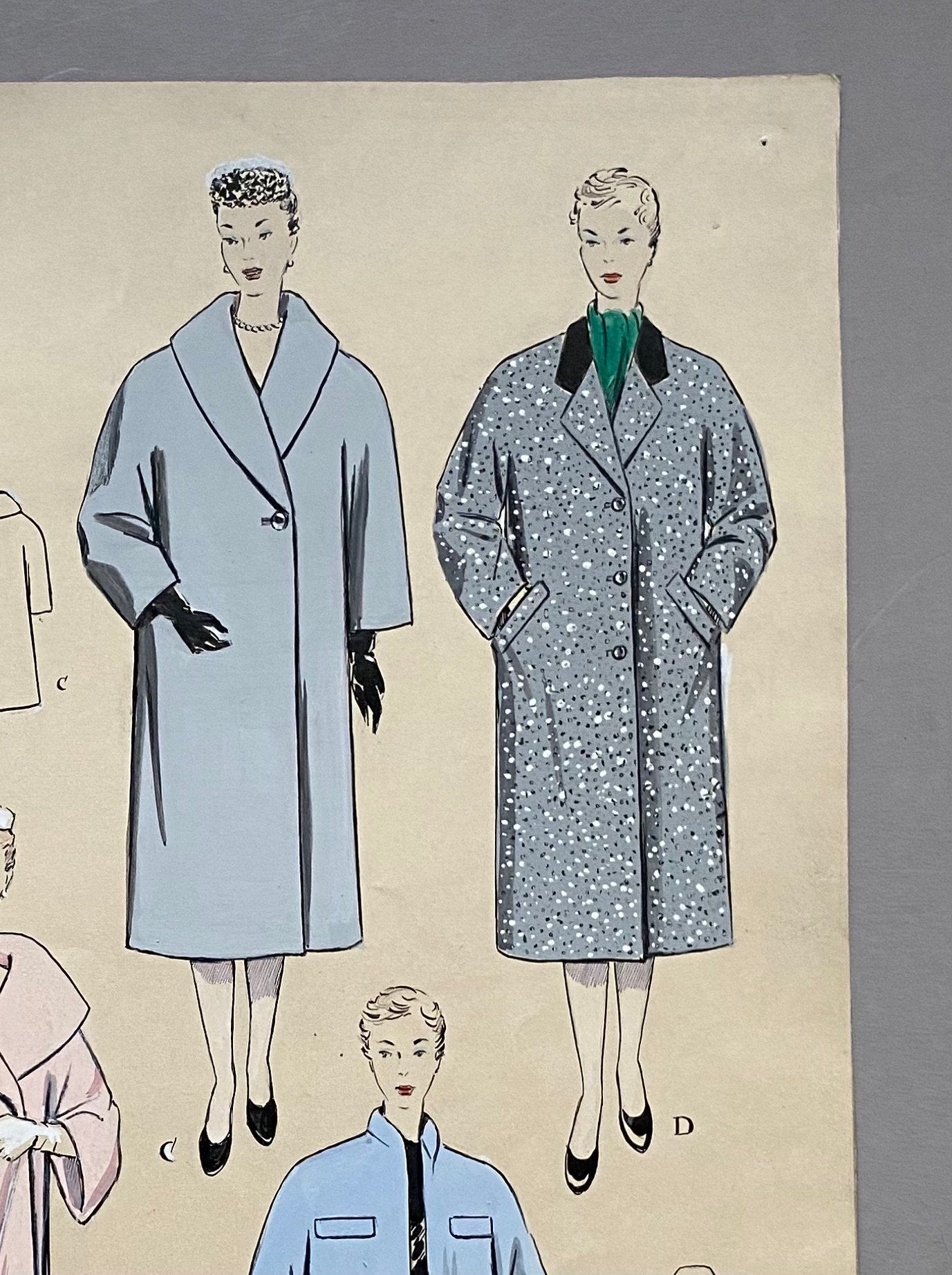 A Large Hand Drawn and Hand Painted Fashion Illustration. Featuring Coats. From Barcelona, Spain. 1954 -1955. Size: 50. 5 x 40.5 cms.