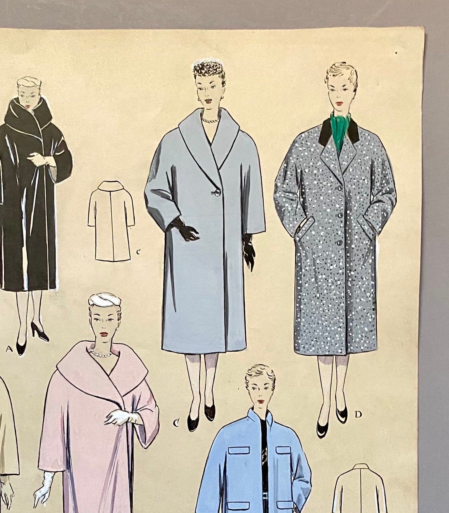 A Large Hand Drawn and Hand Painted Fashion Illustration. Featuring Coats. From Barcelona, Spain. 1954 -1955. Size: 50. 5 x 40.5 cms.