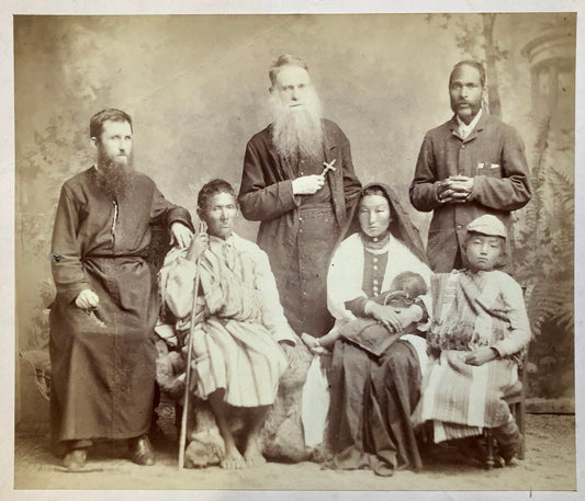 Missionaries - Pere Henri Depelchin - and Tribal People. Photographed by Johnston & Hoffman, India. Late 19th Century. Size: 21 x 17.5 cms.