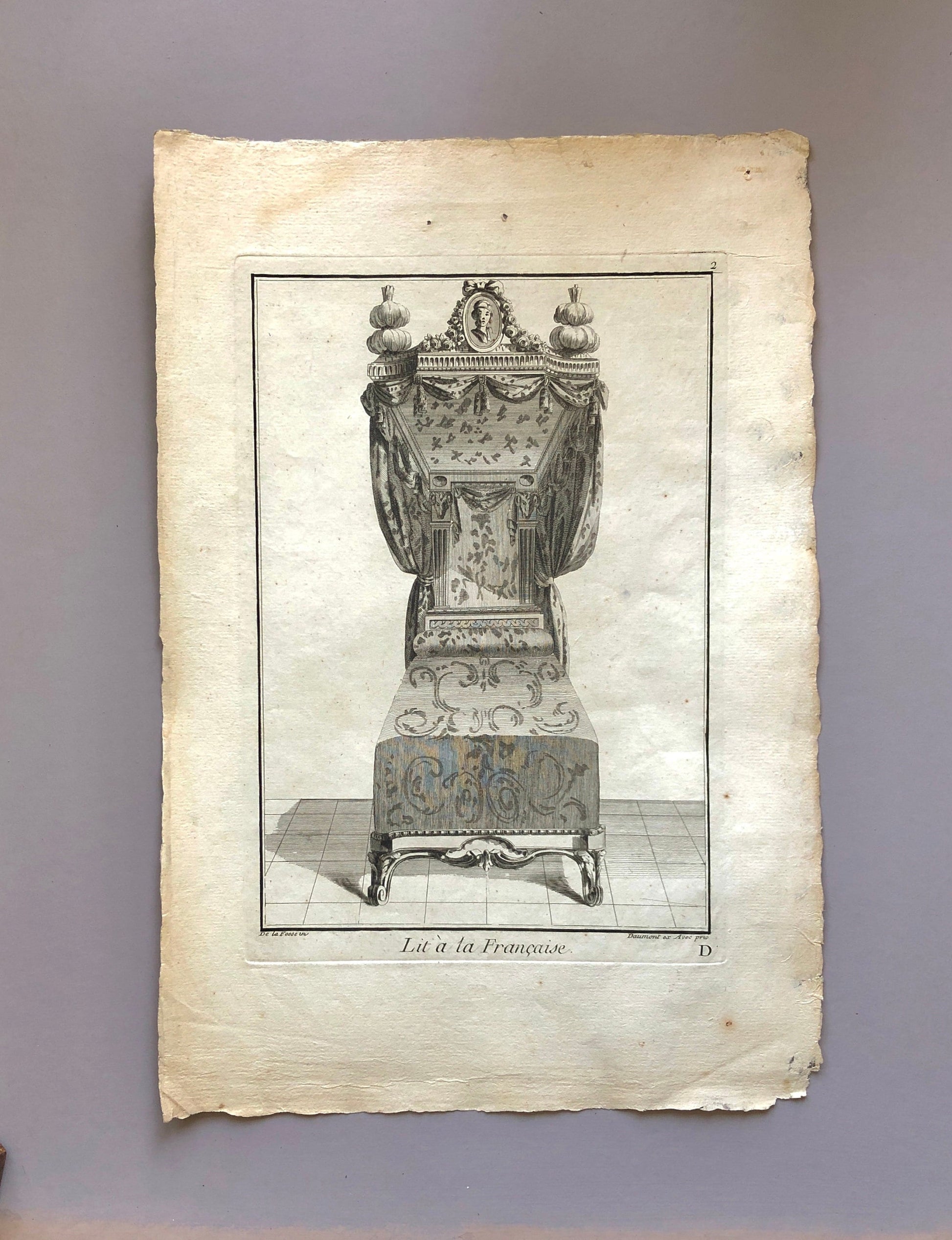 Lit à la Francaise. A Copper plate Etching From Ameublement by Jean de la Fosse. Circa 1771. Size: 46 x 31 cms.
