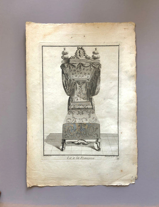 Lit à la Francaise. A Copper plate Etching From Ameublement by Jean de la Fosse. Circa 1771. Size: 46 x 31 cms.