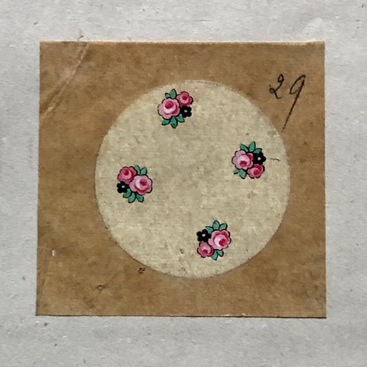 An Original Antique French Textile. Pink and Blue Flowers. Hand Painted. Produced in Lyon in the early 1900’s. Size: 5.8 x 6.1 cms.