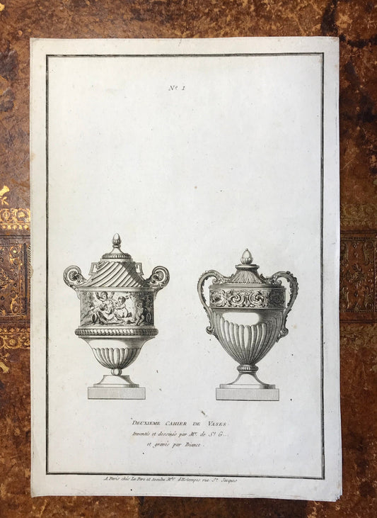 A Set of 6 Original Antique Engravings Showing Designs for Vases. Numbered 1 to 6. By Pierre de Fontanieu. Dated 1770. 36 x 24.2 cms.