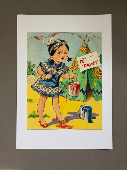 An Original Illustration From The 1950’s. Girl Dressed a A Native American. Watercolour. Size: 30.5 x 23.2 cms.