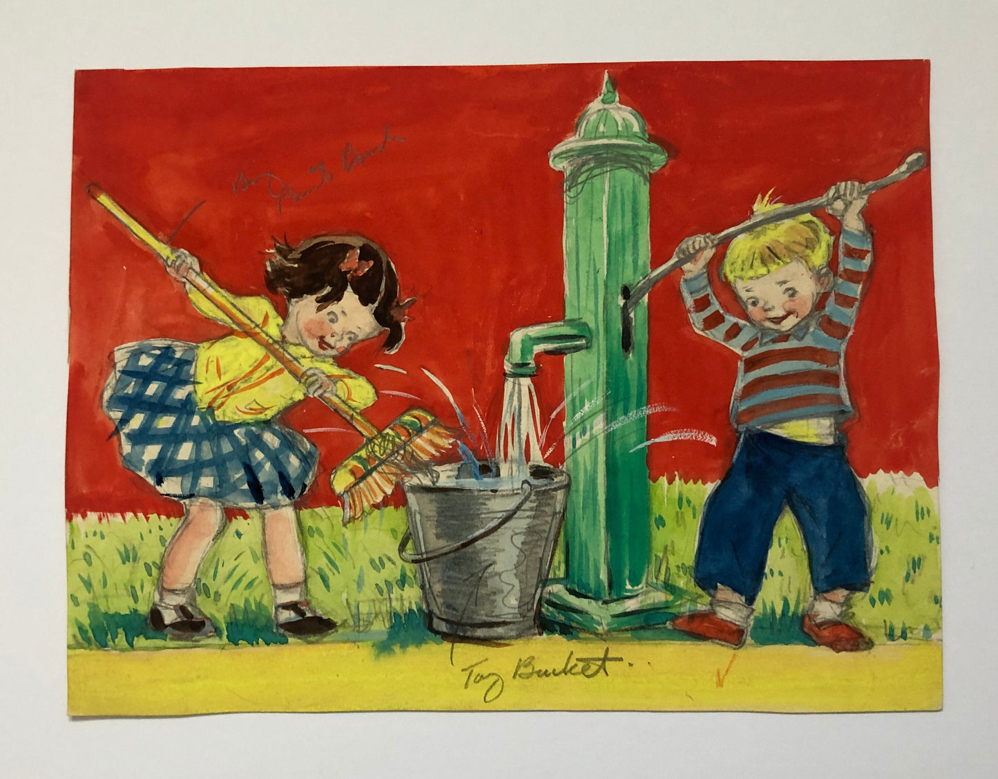 An Original Illustration From The 1950’s. Children Filling a Bucket. Watercolour and Gouche. Size: 18 x 24.3 cms.