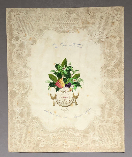 An Original Georgian Découpage. Watercolour Leaves and Flowers on An Embossed Paper Ground. Size: 23 x 19 cms.