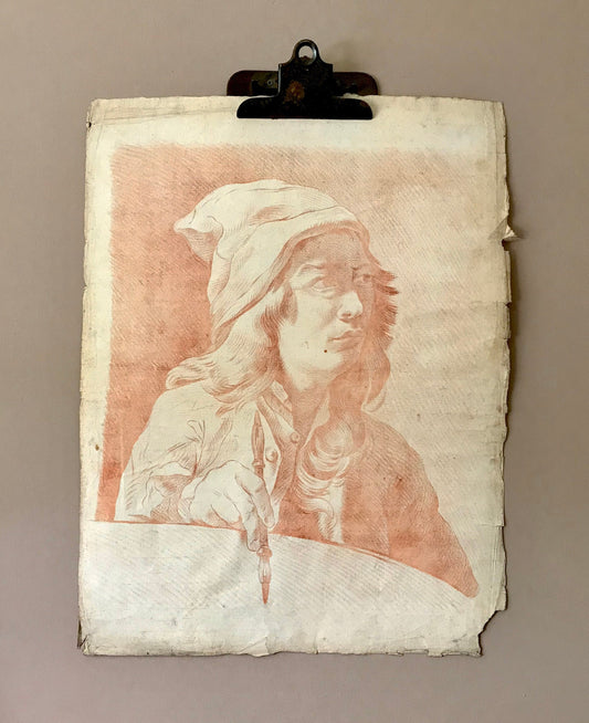 An Original 18th Century Sanguine Portrait. A study of an Artist or Craftsman. Possibly a self portrait. Handmade Paper. Large: 61 x 47 cms.