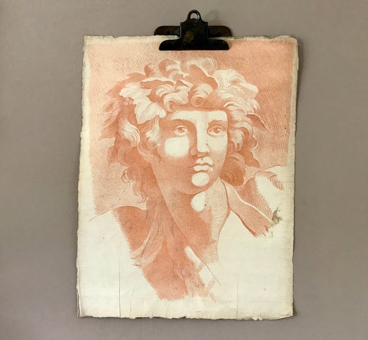 An Original 18th Century Sanguine Portrait. A Study of The Head of a Young Man. Dionysus or Bacchus. Handmade Paper. Large: 60 x 46 cms.