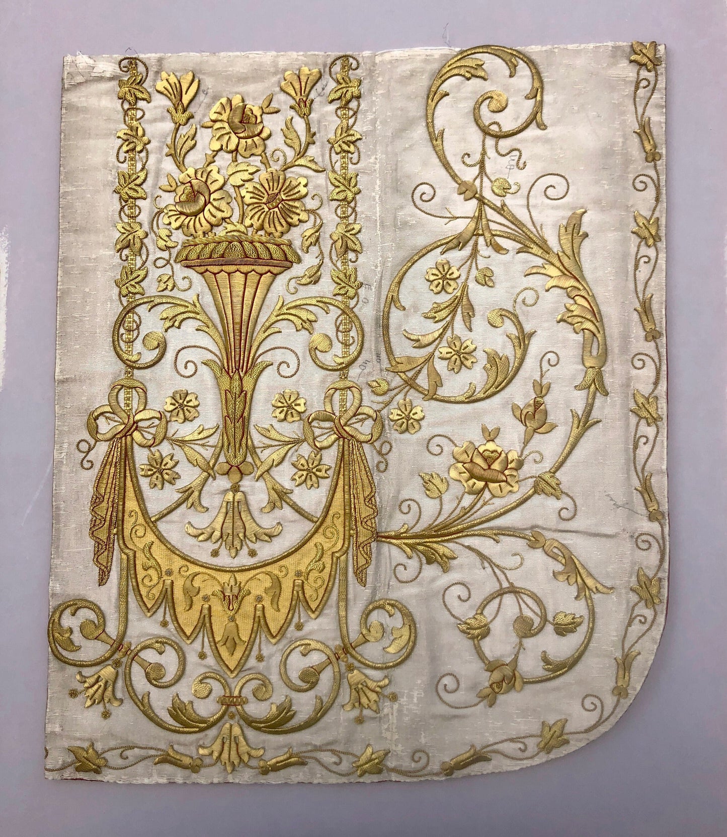 A Textile Sample From Lyon, France. Design For a Chasuble. Heavily Embroidered With Gold Thread. Late 19th Century. 58x 47.5 cms.