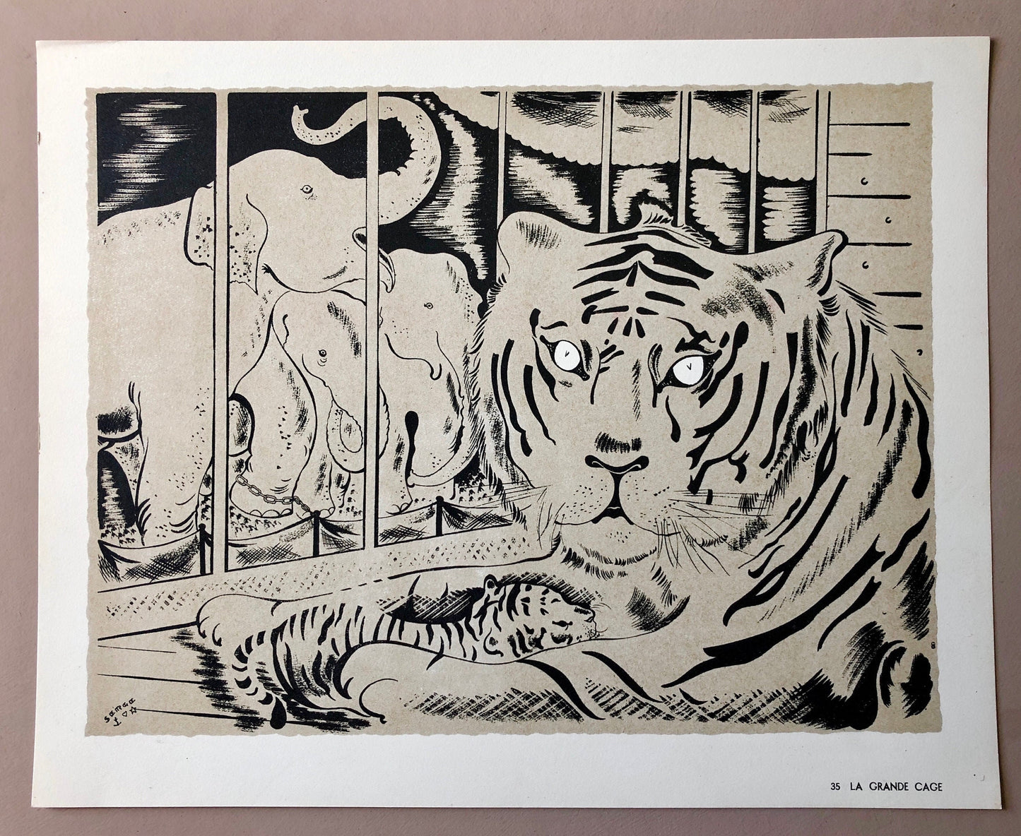 La Grand Cage. A Lithograph From The Parorama Du Cirque by Serge. One of only 1000 produced in 1944. Size: 23.8 x 29.7 cms.