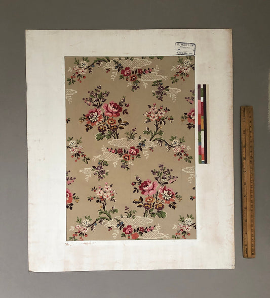 An Original Textile Design From Paris,France. Hand Drawn and Painted. Chinoiserie pattern. Pink roses. Late 19th Century. Size: 49 x 42 cms.