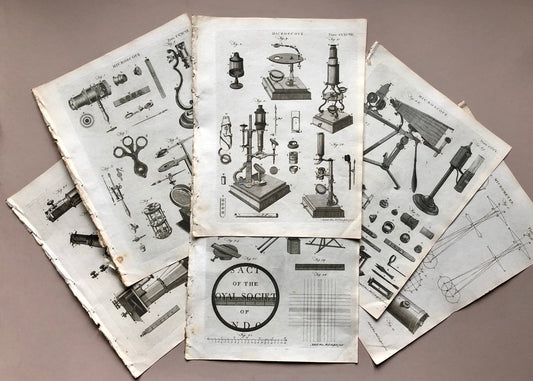 Microscopes. 6 Original Engravings. From The Encyclopedia Britannica. Engraved by A. Bell. Dated 1797. Size: 26.5 x 20.5 cms