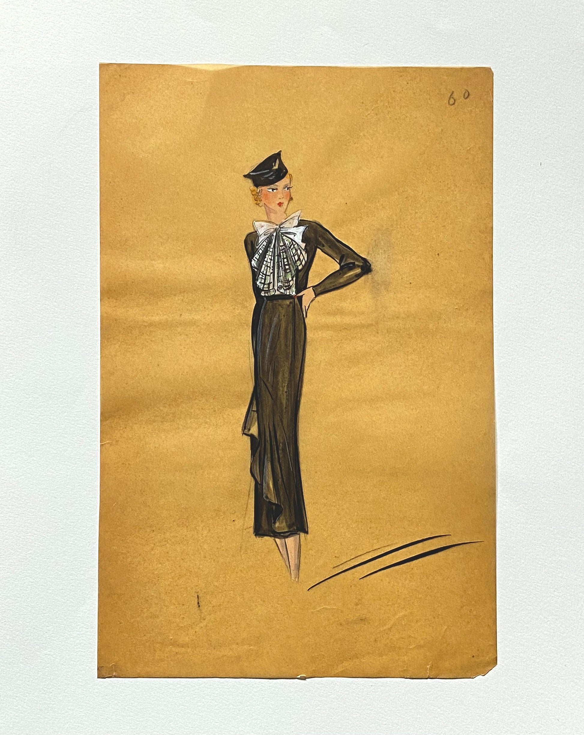 An Original Croquis or Fashion Sketch. Watercolour on Glassine Paper. French. 1930s. Size: 17.5 x 27 cms.