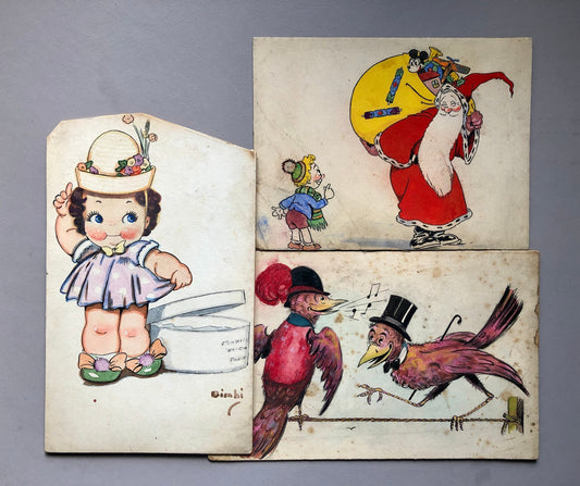 Three Original Artworks by Bimbi. Probably Designs For Greeting Cards. 1930’s.