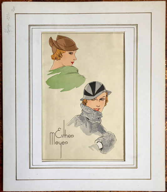 An Original Fashion Sketch, or Croquis, from Parisian Atelier Esther Meyer. A Hand Coloured Lithograph. 1930’s. Size: 24.3 x 16 cms.