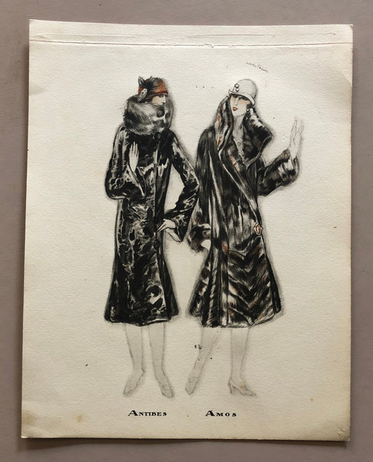 Simon Frères. Women in Furs. A Print Having The Appearance of A Watercolour. French. Dated 1925. Size: 21 x 27 cms.