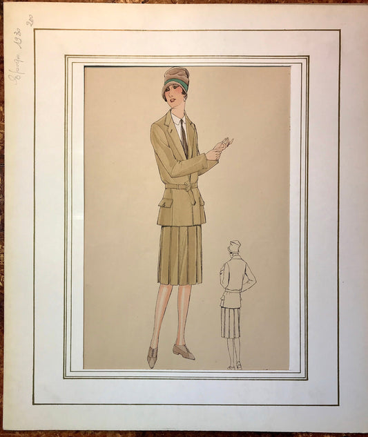 An Original Fashion Sketch, or Croquis, from Parisian Atelier Bachwitz. A Hand Coloured Lithograph print. 1930’s. Size: 30.5 x 18.8 cms.