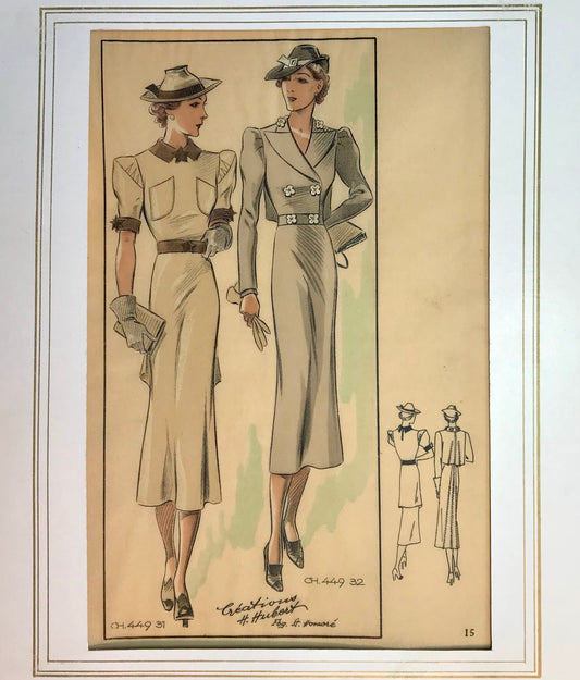 An Original Fashion Sketch, or Croquis, from Parisian Atelier H Hubert. A Hand Coloured Lithograph print. 1930’s. Size: 27.5 x 16.8 cms.