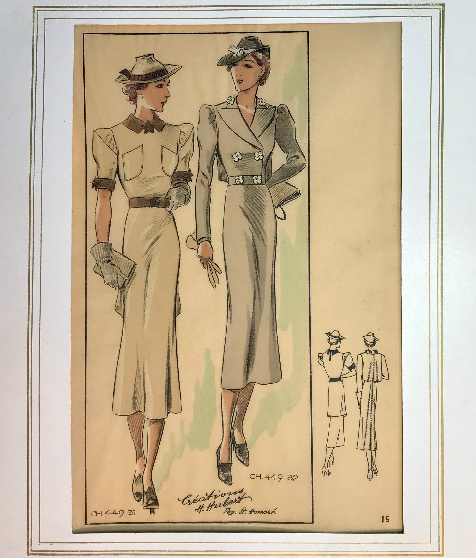 An Original Fashion Sketch, or Croquis, from Parisian Atelier H Hubert. A Hand Coloured Lithograph print. 1930’s. Size: 27.5 x 16.8 cms.