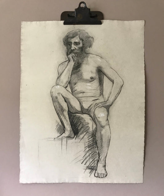 A Original Drawing From Life of a Seated Man. Charcoal With White Highlights. Early 1900’s. Large: 63 x 48 cms.