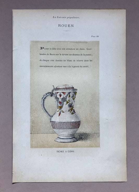 Faïence Rouen Pottery. An Original Lithograph From La Faïence Populaire au XVIII Siecle by Mareschal. Dated 1872. Size: 26.7 x 17.2 cms.