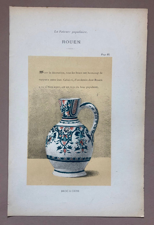 Rouen. Faïence Pottery. An Original Lithograph From La Faïence Populaire au XVIII Siecle by Mareschal. Dated 1872. Size: 26.7 x 17.2 cms.