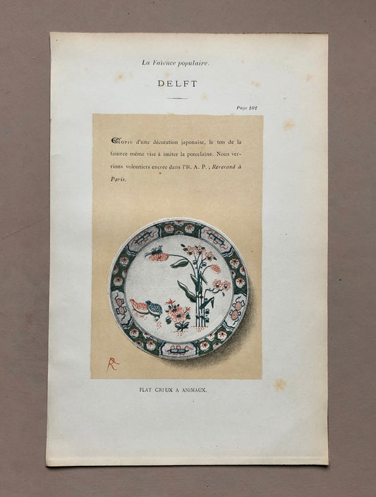 Delft Pottery. A Lithograph From La Faïence Populaire au XVIII Siecle by Mareschal. Dated 1872. Size: 26.7 x 17.2 cms.