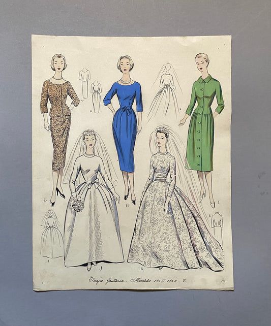 A Large Hand Drawn and Hand Painted Fashion Illustration. Spanish. Barcelona. 1957 - 58. Size: 52 x 41 cms.