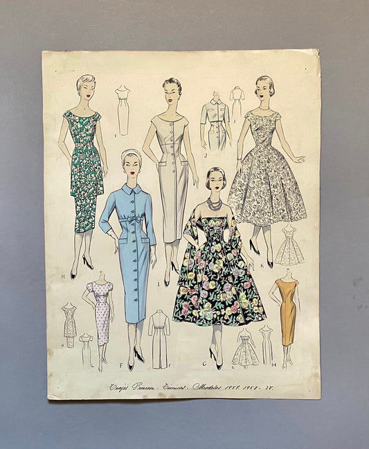 A Large Hand Drawn and Hand Painted Fashion Illustration. Spanish. From Barcelona. 1957 - 58. Size: 52 x 41.5 cms.