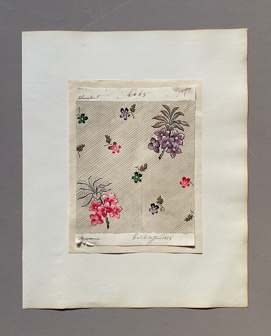 A Genuine 19th Century handpainted French Textile Design. Dated 1938. Mounted on Antique Paper. Size: 12 x 16 cm