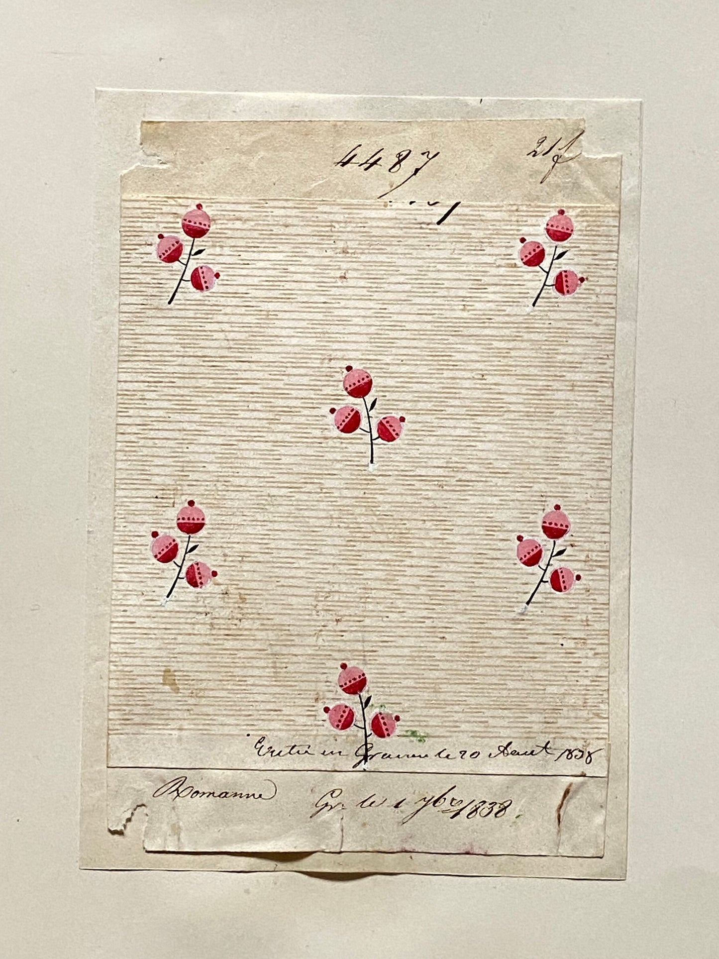 A Genuine 19th Century French Textile Design. Dated 1838. Mounted on Antique Paper. Size: 9.2 x 13.5 cms.