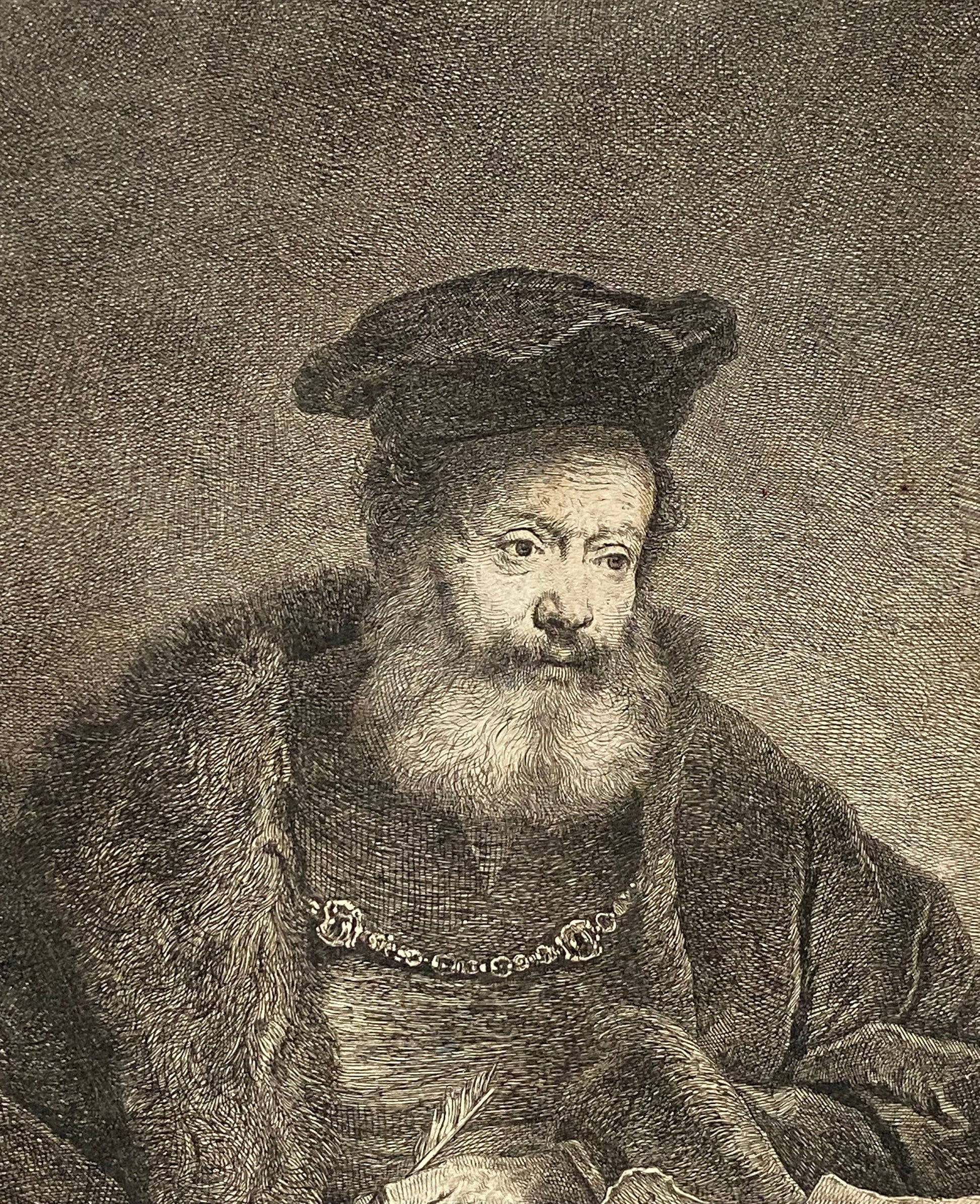 An Engraving of a Painting by Rembrandt Van Riijn (1606 - 1669) Entitled The Father of The Bride. Dated 1770. Size: 22.2 x 27 cms.