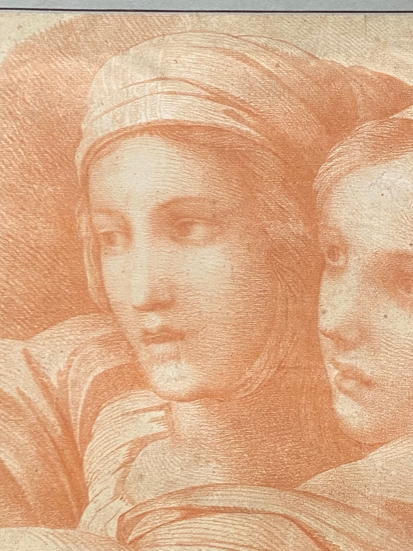 A Original Antigue Hand Drawn Sanguine Drawing. Two Young Women . French. Late 18th Century. Size: 38.5 x 52 cms.