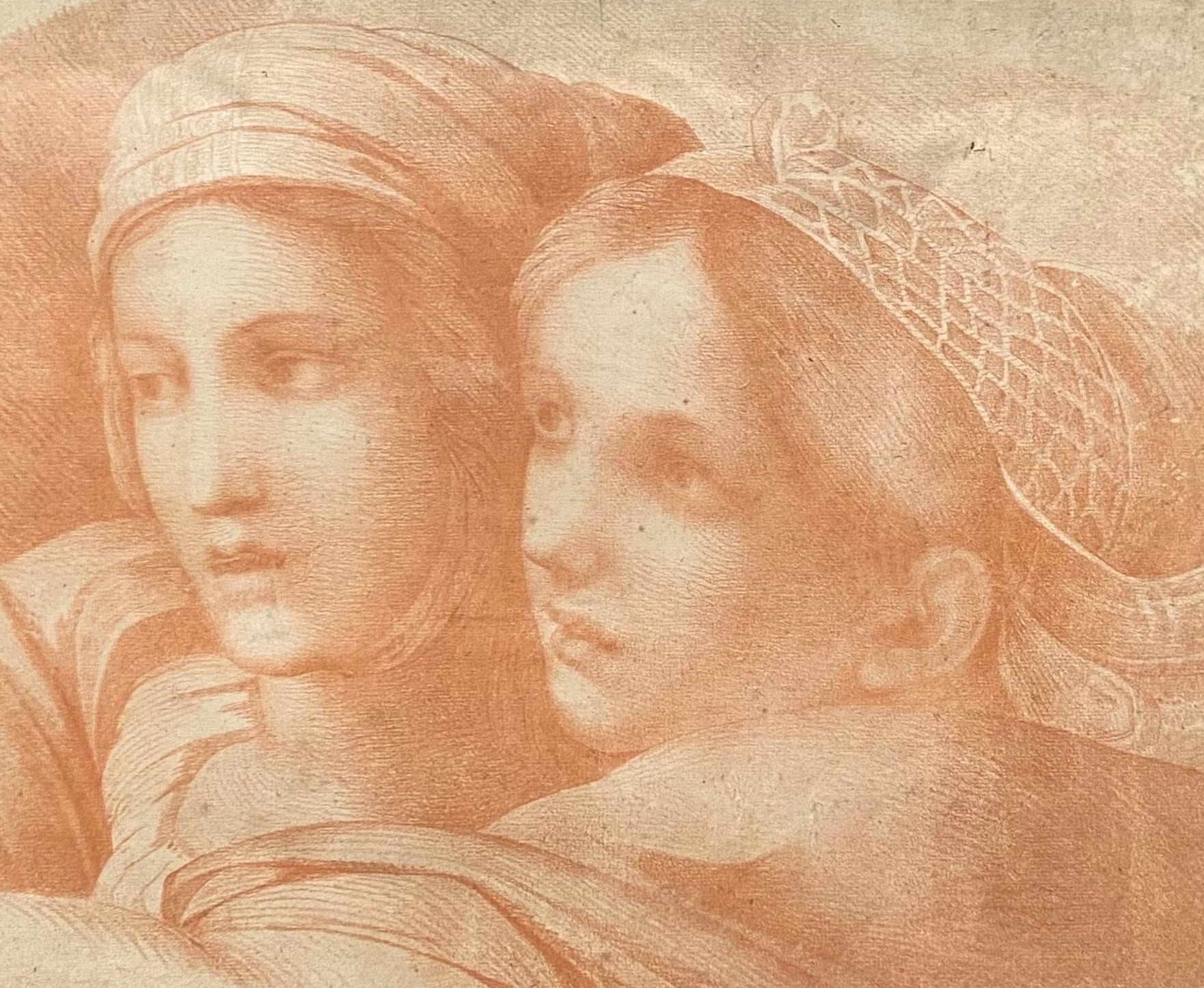 A Original Antigue Hand Drawn Sanguine Drawing. Two Young Women . French. Late 18th Century. Size: 38.5 x 52 cms.
