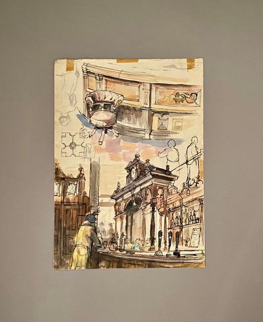 An Excellent Double-sided Watercolour Sketch of a Victorian Pub. Unknown Artist. Possibly 1920’s. Size: 35 x 25 cms.