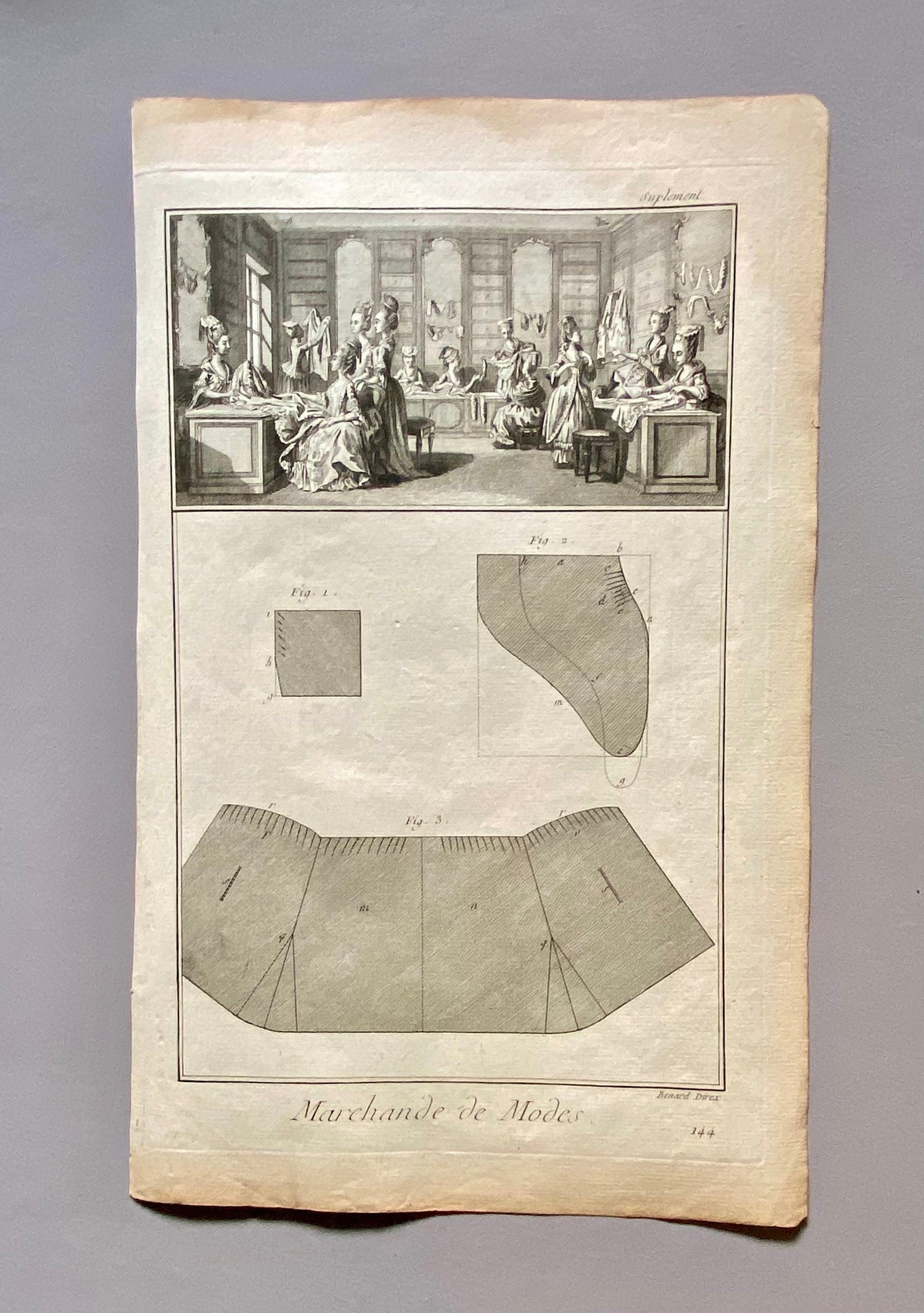 Couturier, Lingerie, The seller of Fashionable Clothes. Three antique Engravings From Diderot’s Encyclopedia. Dated 1751. Size: 24.5 x 40.