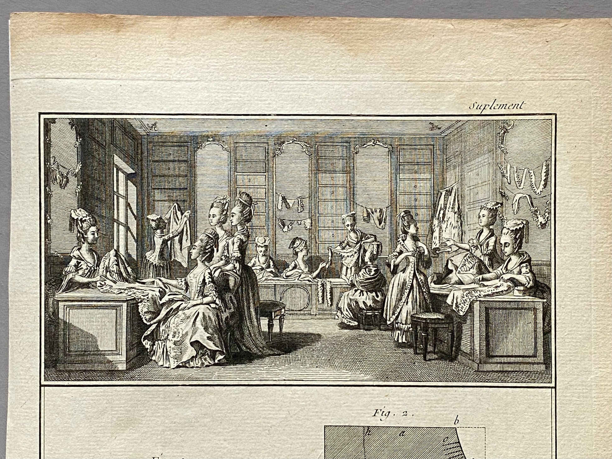 Couturier, Lingerie, The seller of Fashionable Clothes. Three antique Engravings From Diderot’s Encyclopedia. Dated 1751. Size: 24.5 x 40.