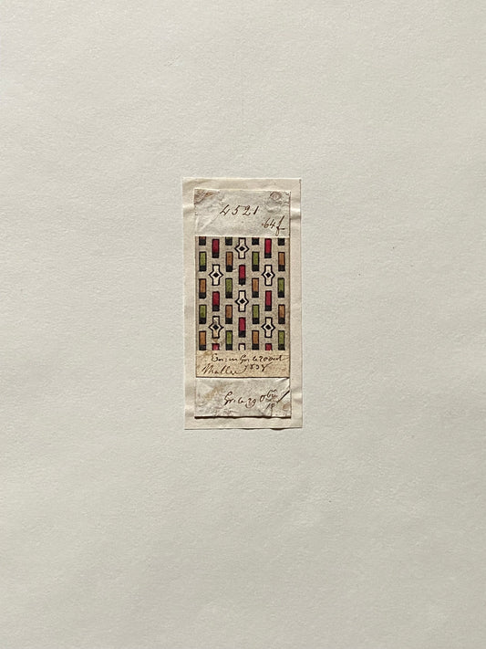 A Genuine 19th Century French Textile Design. Dated 1838. Mounted on Antique Paper. Size: 3 x 7 cms.