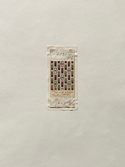 A Genuine 19th Century handpainted French Textile Design. Dated 1838. Mounted on Antique Paper. Size: 3 x 7 cms.