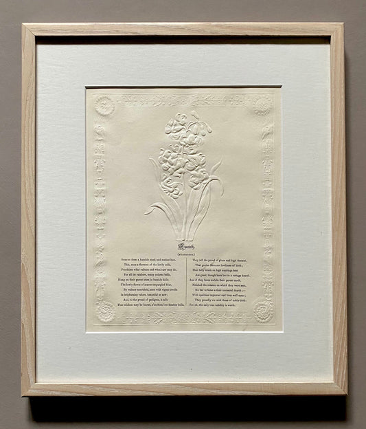 Hyacinth. An Antique Embossed Paper Image. With Poem in Black Script. Framed Using Clear Glass in a Limed Frame. Size: 35 x 30.5 cms.