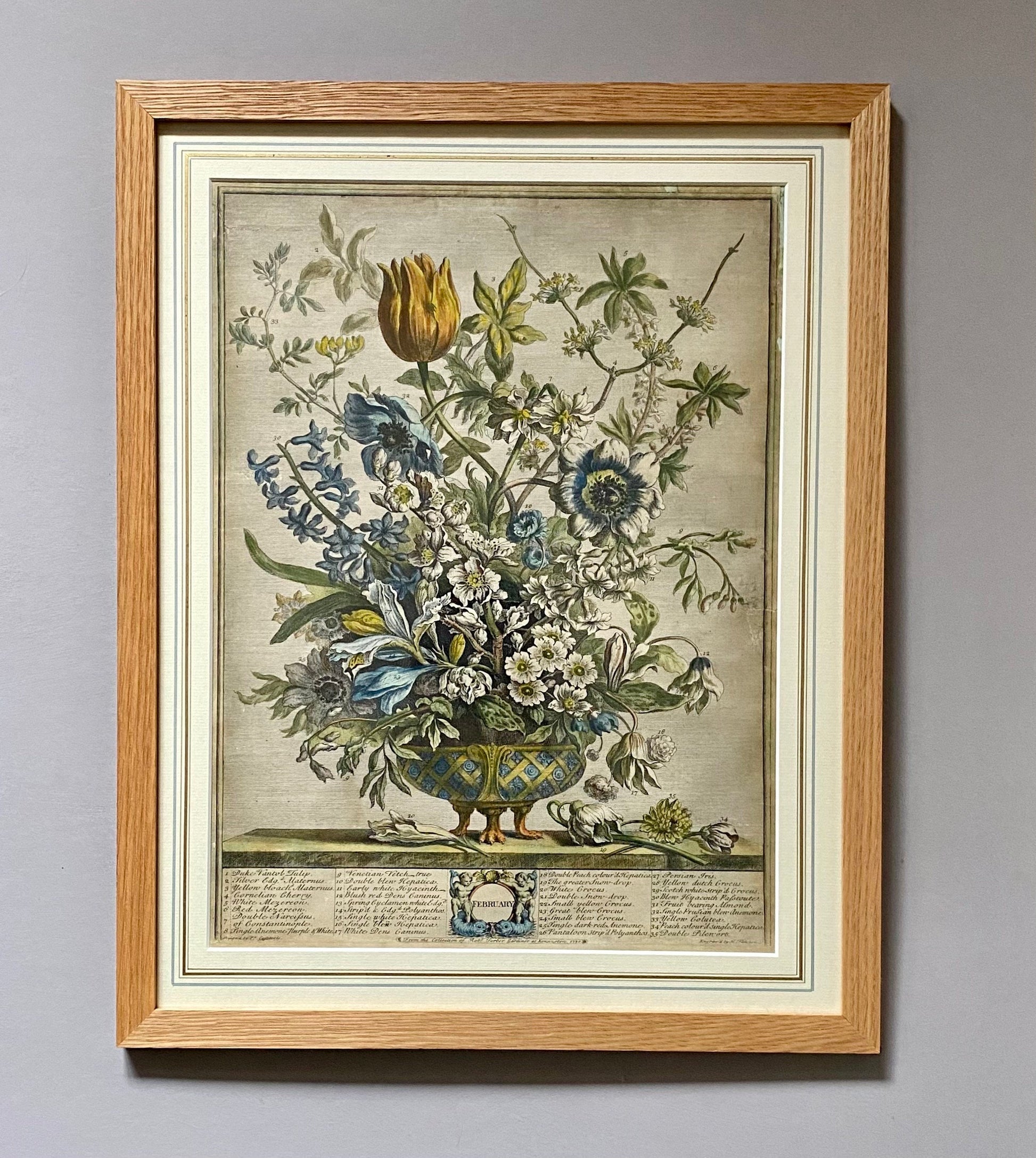Robert Furber’s 12 Months of Flowers. A Rare and genuine Set from 1730. Engraved by Henry Fletcher. Size in Frame: 40.8 x 51.4 cms.