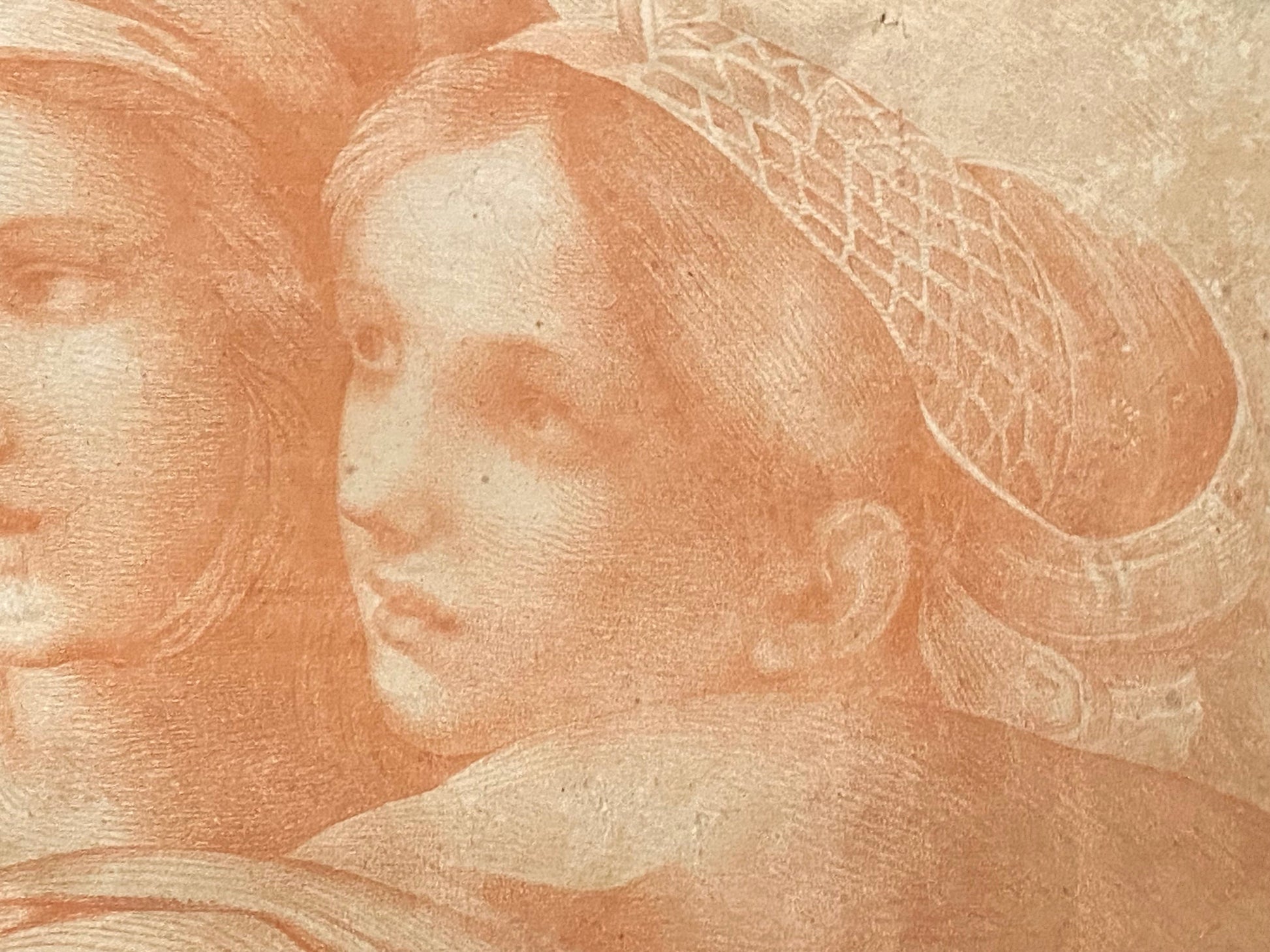 A Original Antigue Hand Drawn Sanguine Drawing. Two Young Women . French. Late 18th Century. Size: 38.5 x 52 cms.