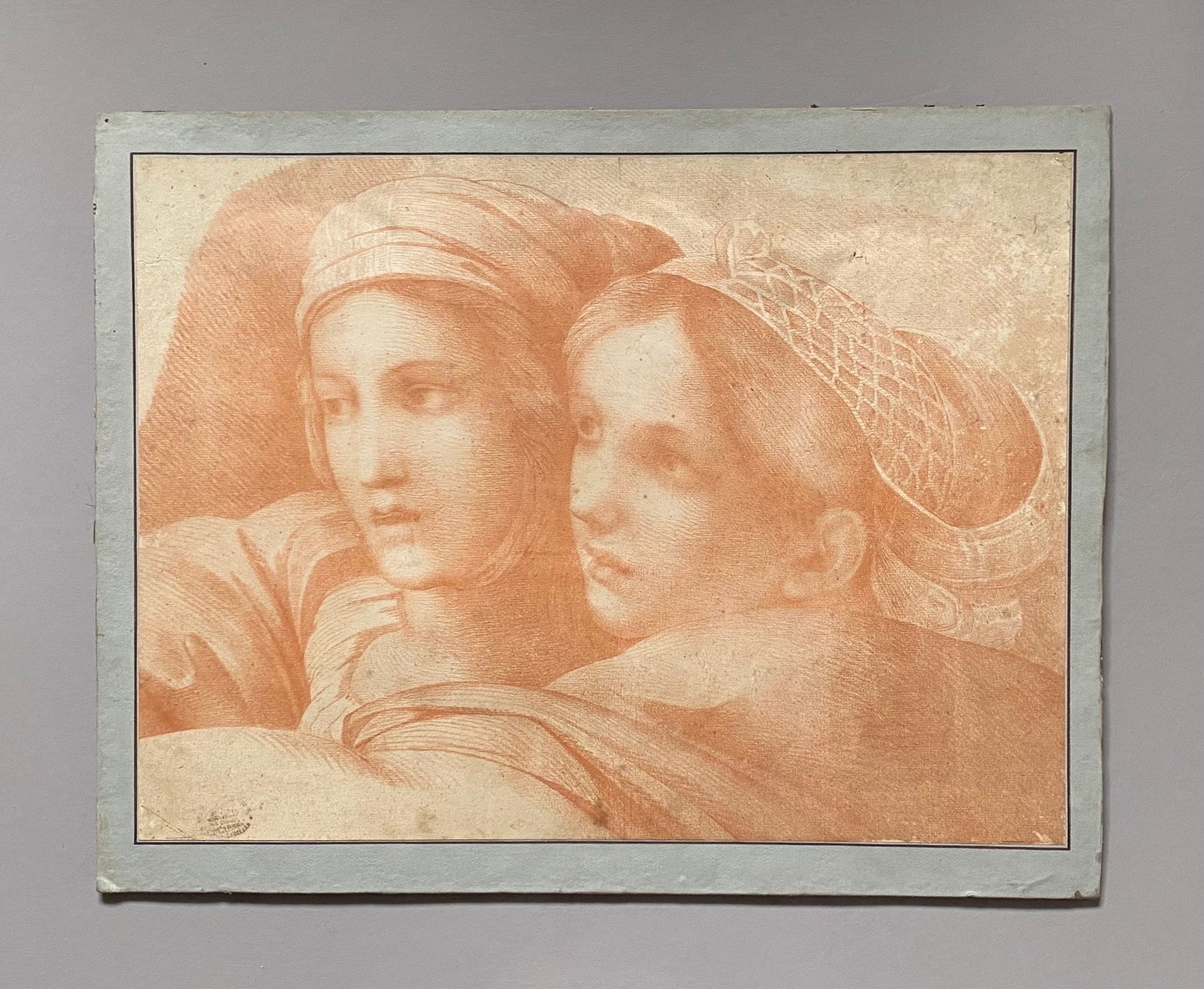 A Original Antigue Hand Drawn Sanguine Drawing. Two Young Women . French. Late 18th Century. Size: 38.5 x 52 cms.