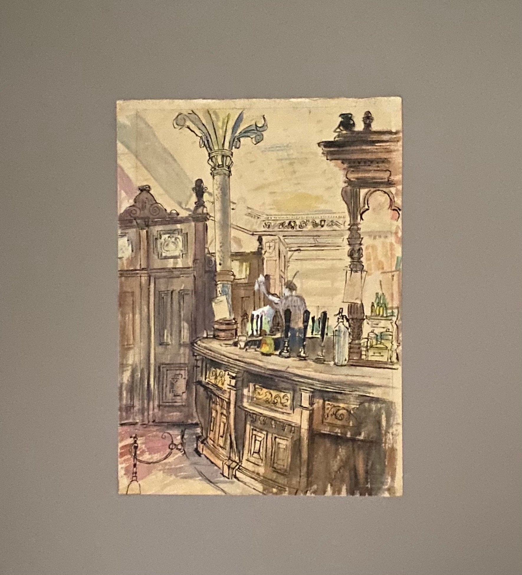 An Excellent Double-sided Watercolour Sketch of a Victorian Pub. Unknown Artist. Possibly 1920’s. Size: 35 x 25 cms.