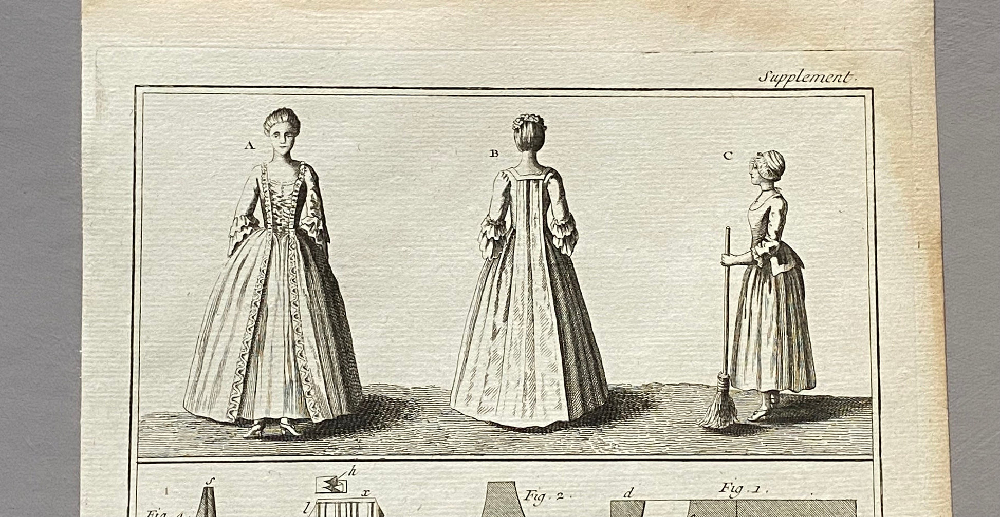 Couturier, Lingerie, The seller of Fashionable Clothes. Three antique Engravings From Diderot’s Encyclopedia. Dated 1751. Size: 24.5 x 40.