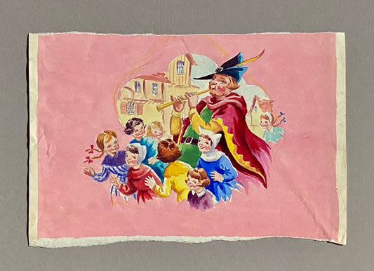 An Original Coloured Illustration From The 1950’s. The Pied Piper. Watercolour and Gouche. Size: 17 x 26 cms.